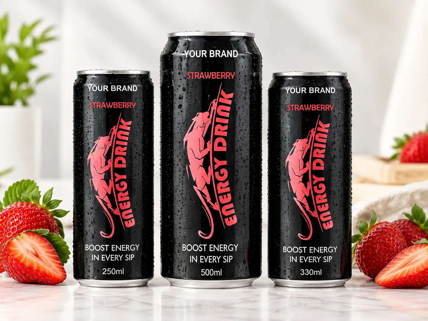 ENERGY DRINK Strawberry flavour in 250ml, 500ml and 330ml cans.
